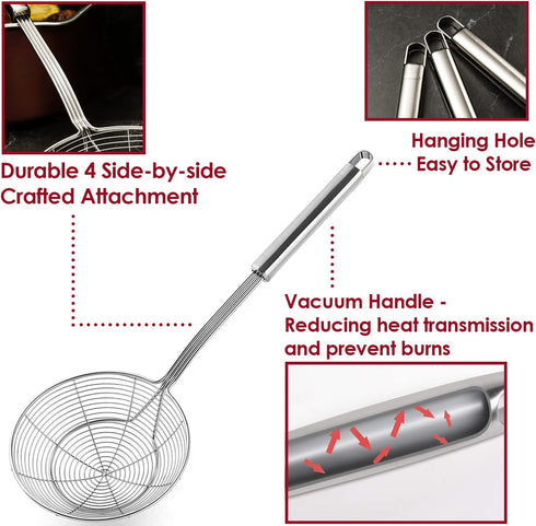 Stainless Steel Spider Strainer Skimmer Spoon For Frying and Cooking - Set of 3 Solid Wire Asian Strainer Ladle Pasta Strainer with Long Handle, P...