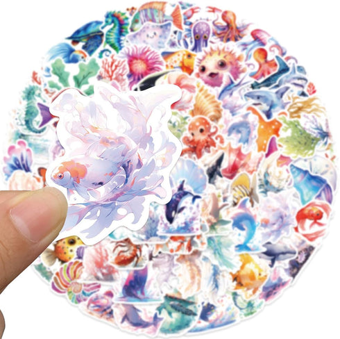 100PCS Ocean Stickers, Cute Sea Creature Aesthetic Decals Vinyl Waterproof Stickers for Water Bottle Laptop Luggage Helmet Skateboard Snowboard Gu...