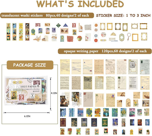 Scrapbook Supplies Pack (200 Pieces) for Art Journaling Bullet Junk Journal Supplies Planners DIY Vintage Stickers Craft Kits Notebook Collage Alb...