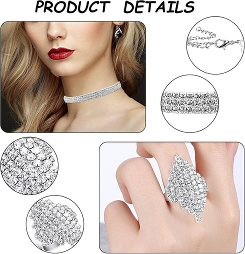 PHOGARY Women Rhinestone Jewelry Set with Rhinestone Stretch Bracelet Bangle Crystal Rhinestone Necklace Ring Dangle Fringe Earrings for Women Cos...