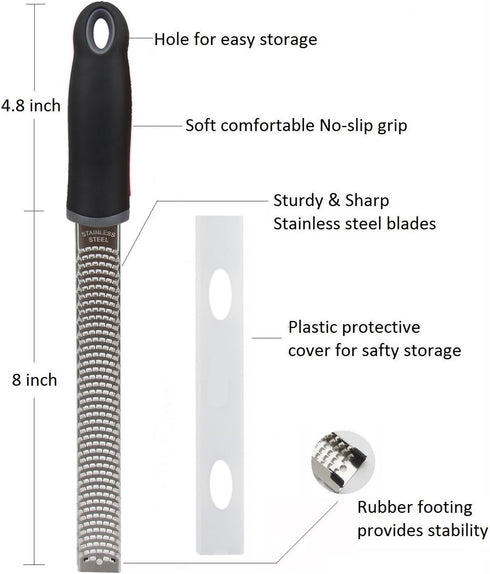Lemon Zester, Stainless Steel Kitchen Cheese Grater, Plastic Cover Ergonomic Soft Black Handle...