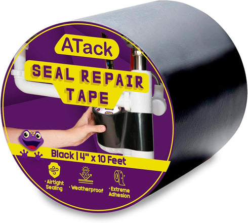 ATack Waterproof Patch and Seal Tape, Black, 4 Inches x 10 Feet, Water Barrier Tape for Stop Leak Repair on Pipes, Chimney, Roof, Boat, and HVAC...
