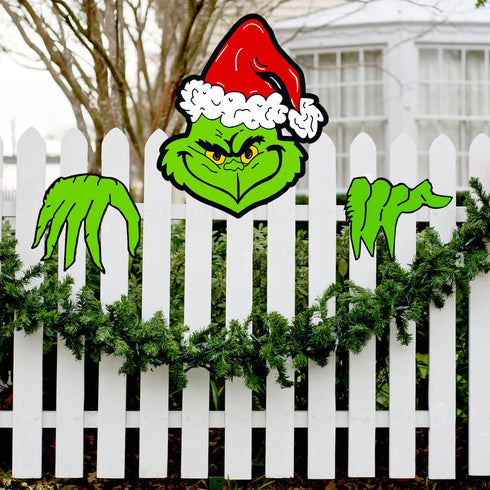 Christmas Decorations Outdoor - Fence Yard Sign with Hand Head for Holiday Christmas Fence Peeker Decorations...