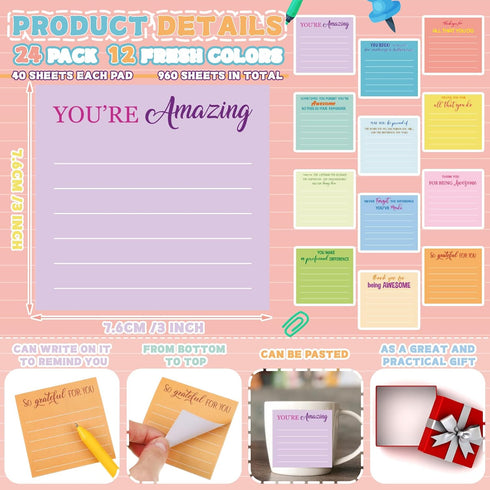 Yinder 24 Pcs Employee Appreciation Sticky Notes Thank You Gifts Bulk End of Year Teacher Gift Mini Pocket Inspirational Notepads for Coworker Gra...