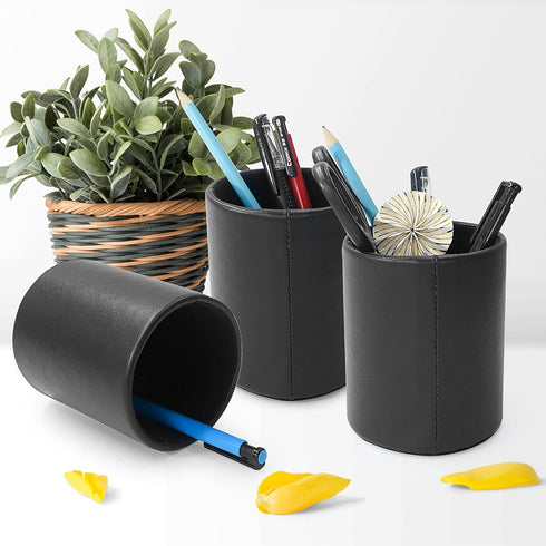 Pencil Holder, Leather Pen Cup for Desk (Round, Black)...