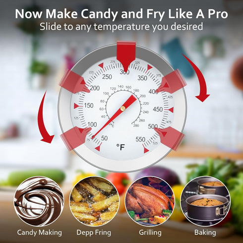 Candy Thermometer with Pot Clip - Frying Oil Thermometers Deep Fryer Thermometer for Cooking Temp 8.8” Long Probe Upgrade, Stainless Steel Analog ...
