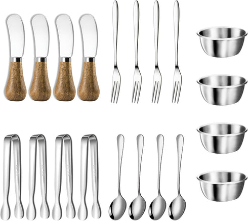 Charcuterie Board Accessories 20pcs,Cheese Butter Spreader Knives Set Wooden Handle Cheese Spreader Knive Mini Tongs, Spoons Forks Dip Bowls for P...