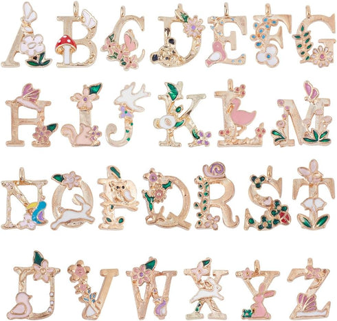 SUNNYCLUE 1 Box 26Pcs Enamel Letter Charms Gold Alphabet Charms Metal Alloy Initial Flower Printed Floral A-Z Charm for Jewelry Making Charms Wome...