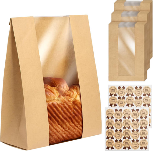 Large Paper Bread Bags for Homemade Bread Sourdough Bread Bags Large Paper Bakery Bag with Window for Baked Food Packaging Storage,Label Seal Stic...