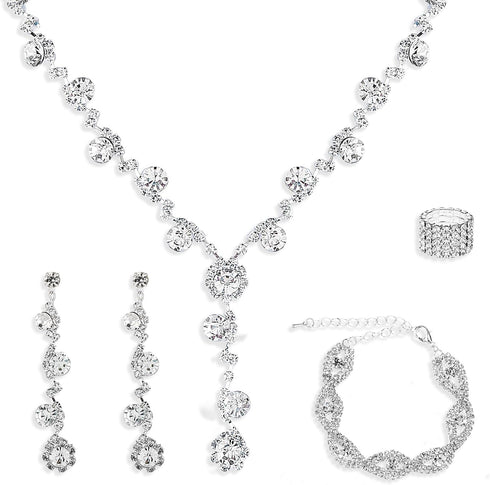 4 Pcs Bridal Jewelry Set Rhinestone Necklace Earrings Bracelet Ring Silver Wedding Jewelry Set Rhinestone Jewelry Set for Women/Brides/Bridesmaids...