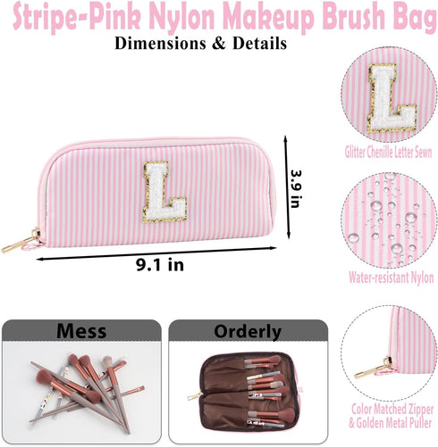 Makeup Bag Set 2pcs Spring Break Essentials Monogram Initial Cosmetic Bag Set Womens Toiletry Bag Nylon Skincare Bag With Portable Handle and Pock...