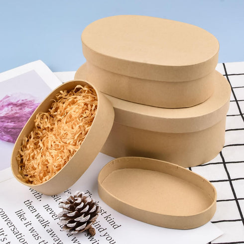 WANDIC Paper Mache Box, Set of 3 Oval Paper Mache Hat Kraft Paper Containers with Lids Ideal for Painting Crafting & Storage Accessories Jewelry G...