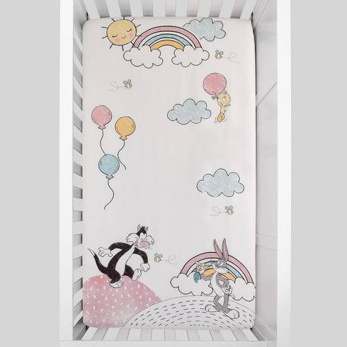 Warner Brothers Looney Tunes Best Buds White, Pastel Blue, Pink, and Yellow Bugs Bunny, Tweety, and Sylvester The Cat Photo-Op Fitted Crib Sheet...