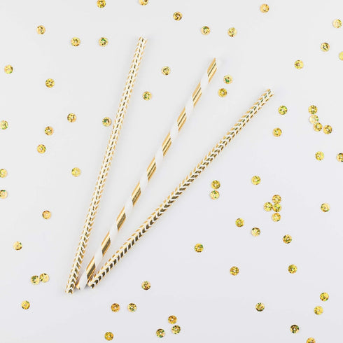 100-Pack Biodegradable Gold Paper Straws - Extra Durable, Striped/Wave/Heart/Star/Solid Gold Straws for Birthday, Wedding, Bridal/Baby Shower and ...