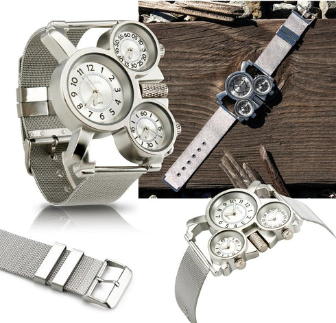OCT17 Men's Military Quartz Analog Wrist Watch Stainless-steel Metal Mesh Clock Strap Durable Sub Dials Multi Time Zone Chronograph for Man Oversi...