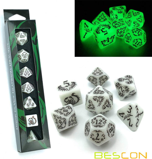 BESCON DARK ELVES Glowing Dice Set (7 piece), Oversized GLOW in DARK Carved Role Playing Games RPG Dice Set...