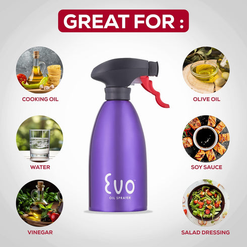 Evo 18/8 Stainless Steel Oil Sprayer, Non-Aerosol for Olive Oil, Cooking Oils, and Vinegars, Purple, 16-Ounce Capacity...