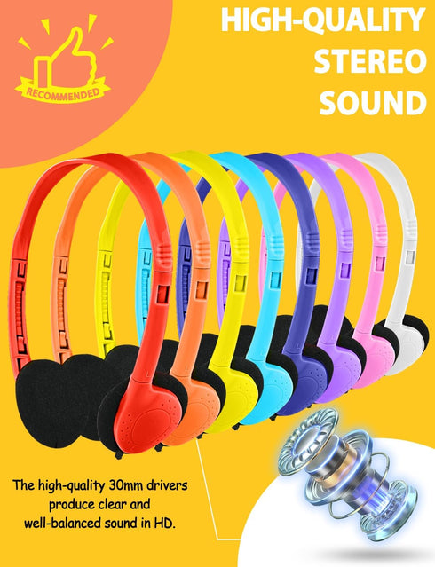 8 Pack Kids Headphones Bulk for Classroom School Students Children Teens Boy Girl (8 Mixed Colors)...