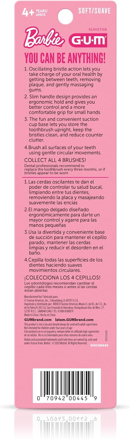 GUM Barbie Kids Battery Power Electric Toothbrush with Suction Cup Base for Home or Travel Oral Health and Dental Plaque Removal, Ages 3+, 1ct(4Pk...