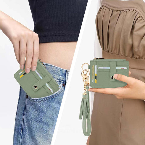 Slim Minimalist Wallet,Genuine Leather Front Pocket Wallets RFID Blocking Credit Card Holder,Card Wallet with Zipper Pocket for Men Women(Green)...