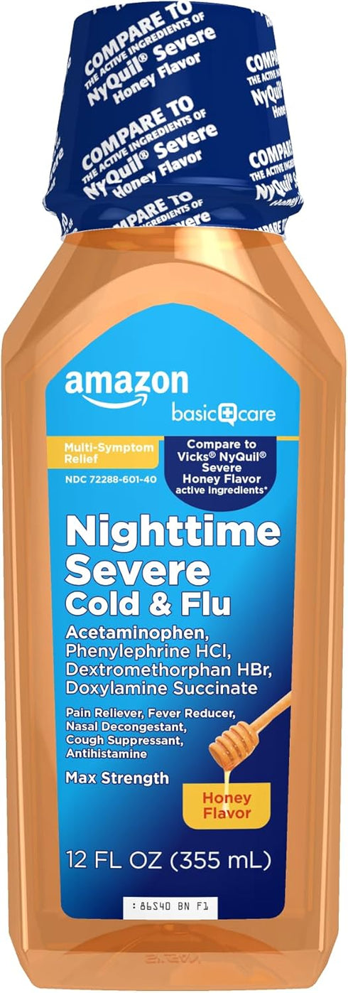 Amazon Basic Care Nighttime Honey Flavor Severe Cold and Flu Relief, Liquid Medicine, 12 fl oz (Pack of 1)...