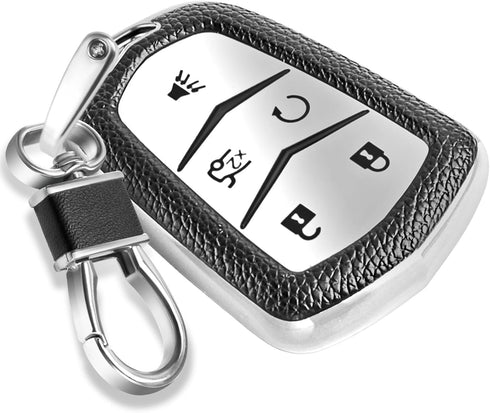 for Cadillac Key Fob Cover with Leather Keychain, Advanced Soft TPU Surface Grain Key Fob Case for 2015-2019 Cadillac Escalade CTS SRX XT5 ATS STS...