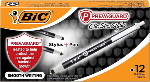BIC PrevaGuard Clic Stic Ballpoint Pen & Stylus, With Built-in Protection To Suppress Bacteria Growth, Medium Point (1.0mm), Black, 12-Count......