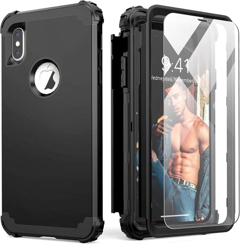 IDweel for iPhone Xs Max Case with Tempered Glass Screen Protector, 3 in 1 Shock Absorption Heavy Duty Protection Hard PC Cover Soft Silicone Bump...