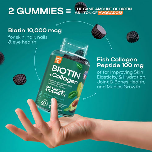 Biotin 10000mcg - Biotin Gummies for Hair Growth, Healthy Skin and Nails, Max Strength - Non-GMO and Gluten Free Biotin Vitamins - Biotin and Coll...