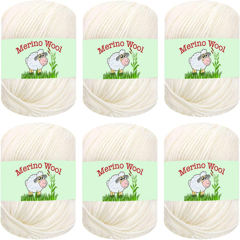 6-Pack 100% Merino Wool Yarn for Knitting and Crochet by Sunny Cat (01 Milky White) 780 Yards...