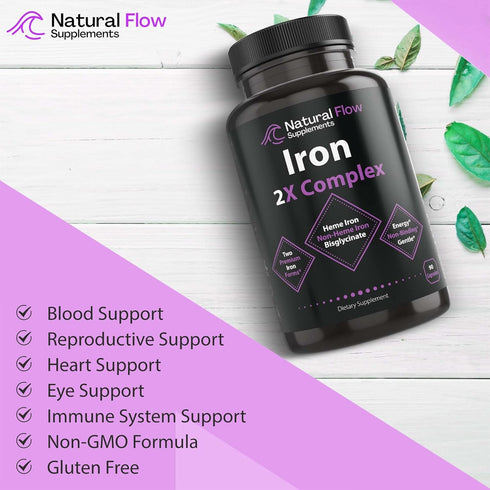 Iron Supplement 2-in-1 Complete Complex - Natural Flow 2X Heme and Chelated Non Heme Iron Bisglycinate, Folate, B and Vitamin C, for Anemia and Bl...