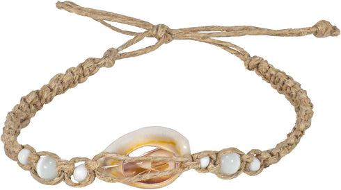 BlueRica Hemp Anklet Bracelet with White Cat's Eye Beads & Cowrie Shell...