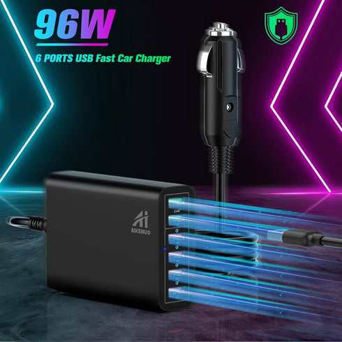 Multi Ports USB Car Charger, 96W 6 Port QC3.0 Fast Adapter Multiple Ports, with Four Quick Charge 3.0 Port, 12V-24V Multi Device Cigarette Lighter...
