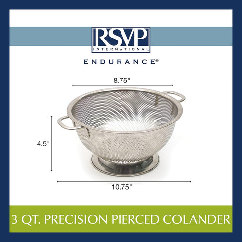 RSVP International Endurance Kitchen Collection Colander Strainer, 3 Quart, Pierced Stainless Steel...