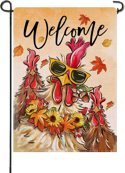 Welcome Fall Rooster Small Decorative Garden Flag, Autumn Farm Animal Sunflower Maple Leaves Yard Lawn Outside Decor, Farmhouse Rustic Burlap Outd...