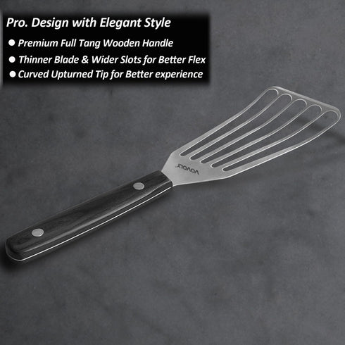 2 Pack Fish Spatula Turner, Stainless Steel Slotted Spatulas for Flipping, Turning, Frying & Grilling, 3"x6"+4"x8" Metal Slotted Spatulas, Wooden ...