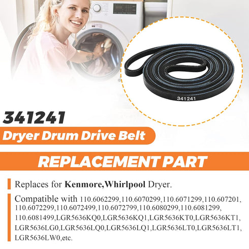341241 Dryer Drum Drive Belt by Beaquicy - Replacement for Ken-More Whirlpool Dryer - Replaces 8066065 AP2946843 W10127457 PS346995
