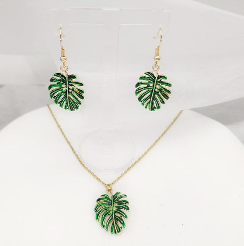 Green Enamel Monstera Leaves Drop Earrings Necklace Set Tropical Palm Tree Leaf Jewelry for Summer...