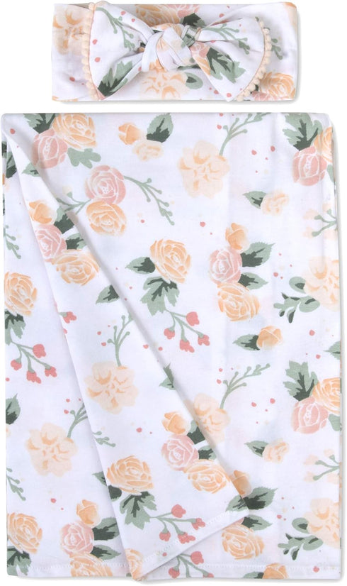 Baby Cotton Swaddle Blanket Wrap with Headband or Hat Set for Baby Girls, Boys Newborns and Infants 0-6 Months (Dusty Rose)...