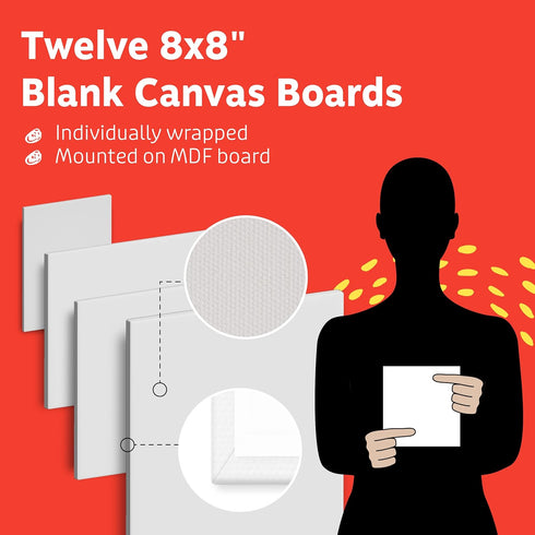 Artlicious Canvases for Painting 12 Packs - 8 x 8” Blank Canvas 100% Cotton Painting Canvas Panels for Acrylic, Oil & Watercolor Paint for Canvas ...