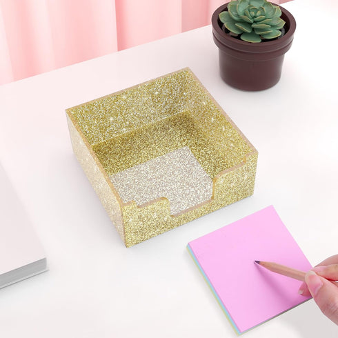 Acrylic Sticky Note Holder, Self Stick Note Pad Holder, 3.94 x 3.94 Inch Glitter Sticky Note Dispenser, Memo Pad Holder Dispenser Organizer for Sc...