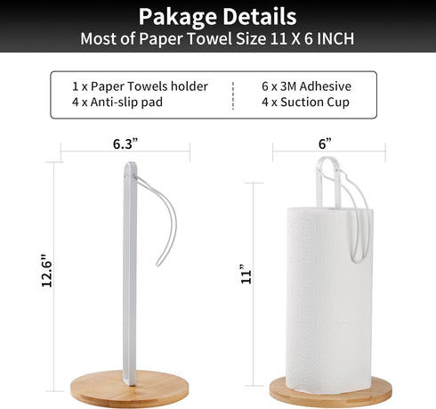Wood Paper Towel Holder with Fixer, Paper Towel Holder Countertop, Kitchen Towel Holder Free-Standing with Fixed or Non-Slip Wooden Base-White...