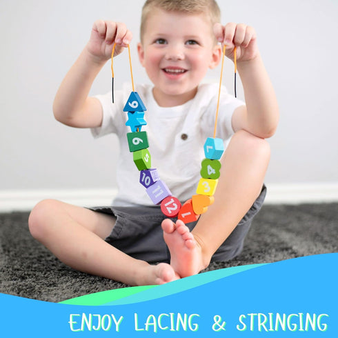 Wooden Clock with Lacing String & Shapes - Educational Learning Toys for 3 Year Olds & Up - Wooden Counting & Shape Sorting Toys for Toddlers - Do...
