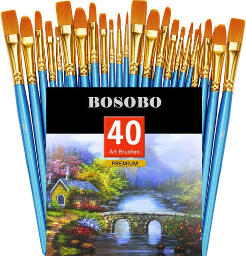 BOSOBO Pointed-Round Paint Brush, 4 Sets of 10 Pieces Fine Tip Nylon Hair Miniature Paint Brushes for Acrylic Oil Watercolor Gouache, Artist Face ...
