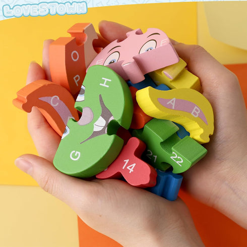 LovesTown Rabbit Wooden Puzzles, 26PCS Alphabet and Number Building Blocks Wood Jigsaw Puzzle for Kids Preschool...