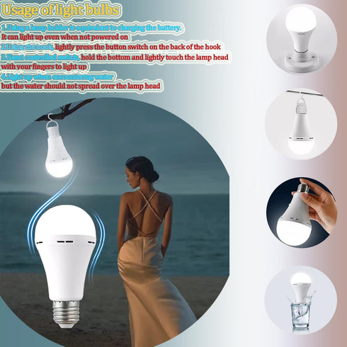 4Pack White Rechargeable Emergency 15W LED Light Bulb,Energy Saving,Eye protection,100W Equivalent,1500lm,White light 6000K,E26/27 Base,2200mAh Li...