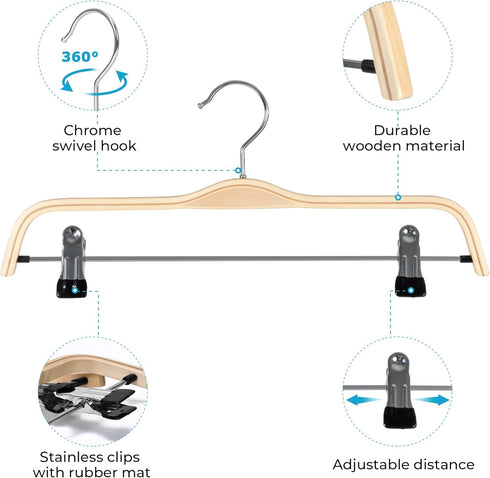 Wooden Pant Hangers, 5-Pack Light Weight Wood Skirt Hangers with Anti-Rust Hook and 2-Adjustable Clips...