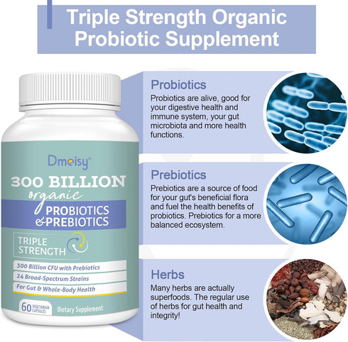 Probiotics for Women and Men 300 Billion CFU 24 Strains Probiotics with 15 Organic Herbs Prebiotics Blend Shelf Stable Probiotic Supplement for Di...