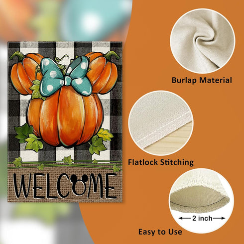 Welcome Fall Cartoon Mouse Pumpkin Decorative Garden Flag, Autumn Thanksgiving Buffalo Plaid Check Yard Outside Decorations, Farmhouse Rustic Outd...