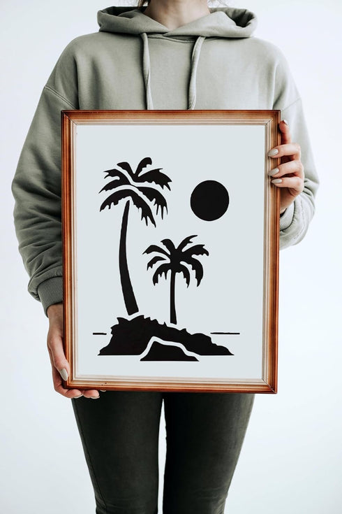 Reusable Palm Trees, Beach, Sun & Moon Stencil 8.5" x 11" - Idyllic Scenery Design for Creative Projects...